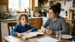 Parent watching child who appears distracted and withdrawn at kitchen table, illustrating sudden behavior changes associated with PANS/PANDAS