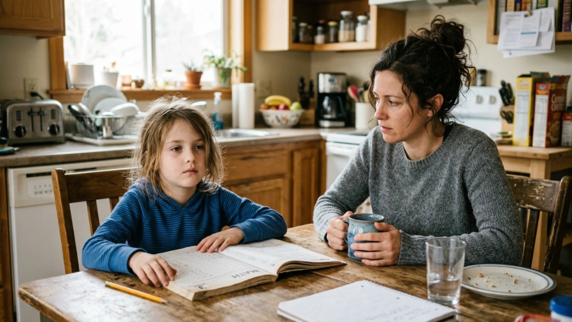 Parent watching child who appears distracted and withdrawn at kitchen table, illustrating sudden behavior changes associated with PANS/PANDAS