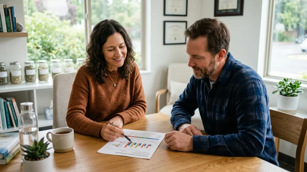 Naturopathic doctor reviewing Lyme disease lab results with a patient at Fairfield Family Health
